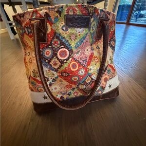 Colorful Patchwork Tote Bag with Leather Accents